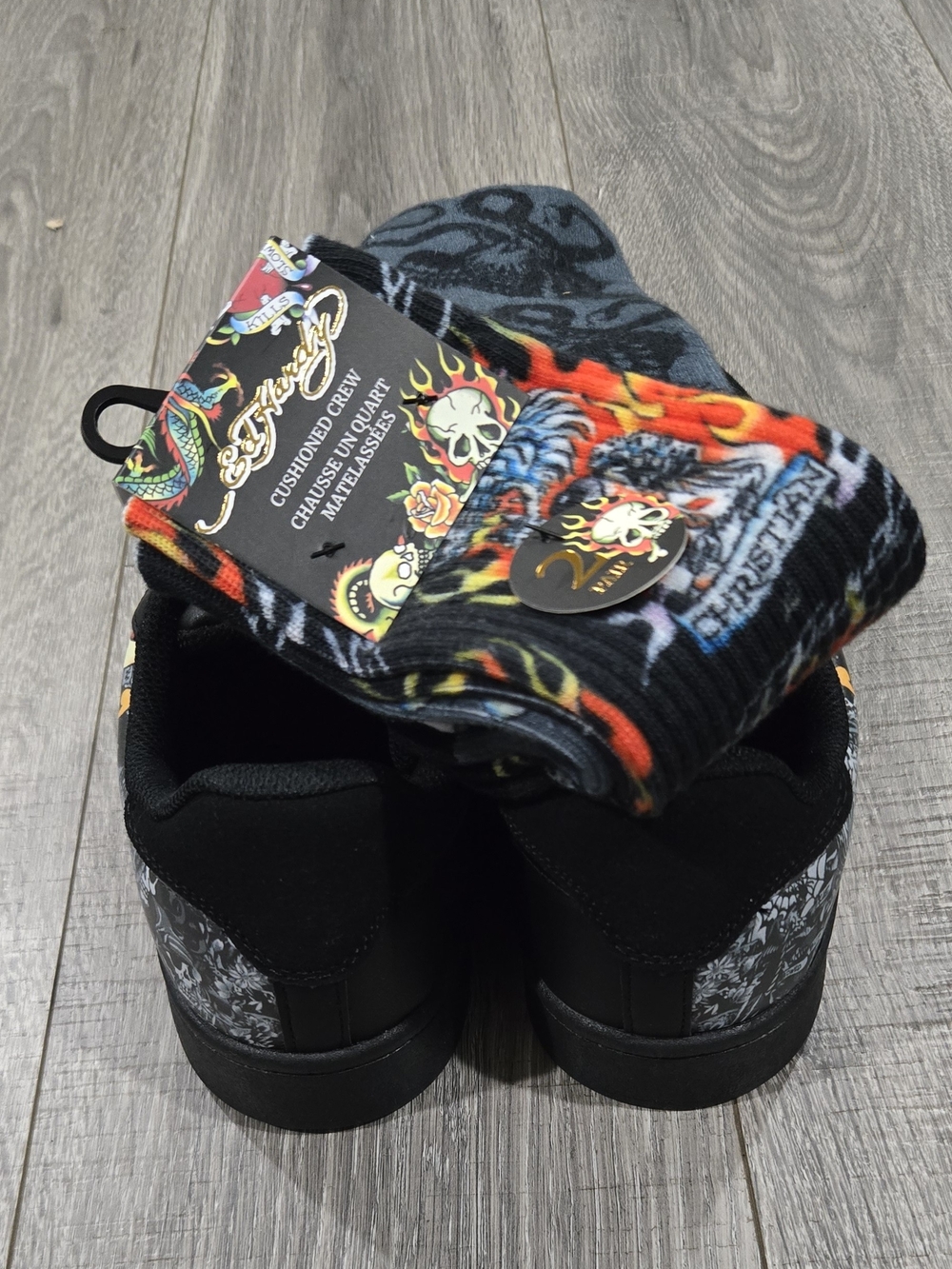 Ed Hardy Black Low-Top Sneakers with Multicolor Graphic Panels & Socks Combo#352 - Picture 8 of 10